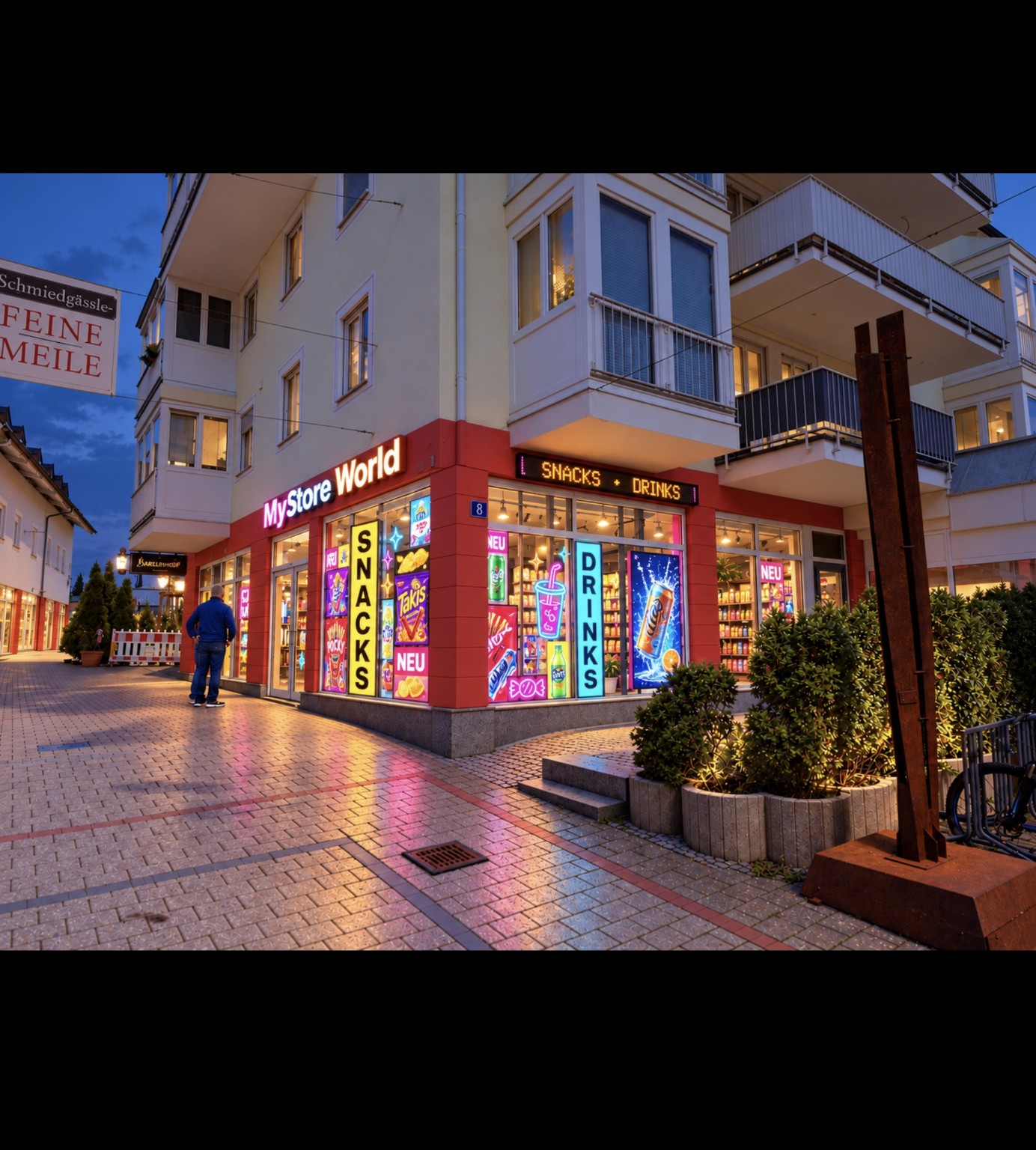 Entwurf der MyStore-World-Fassade am Abend mit beleuchteten Snacks- und Drinks-Fenstern